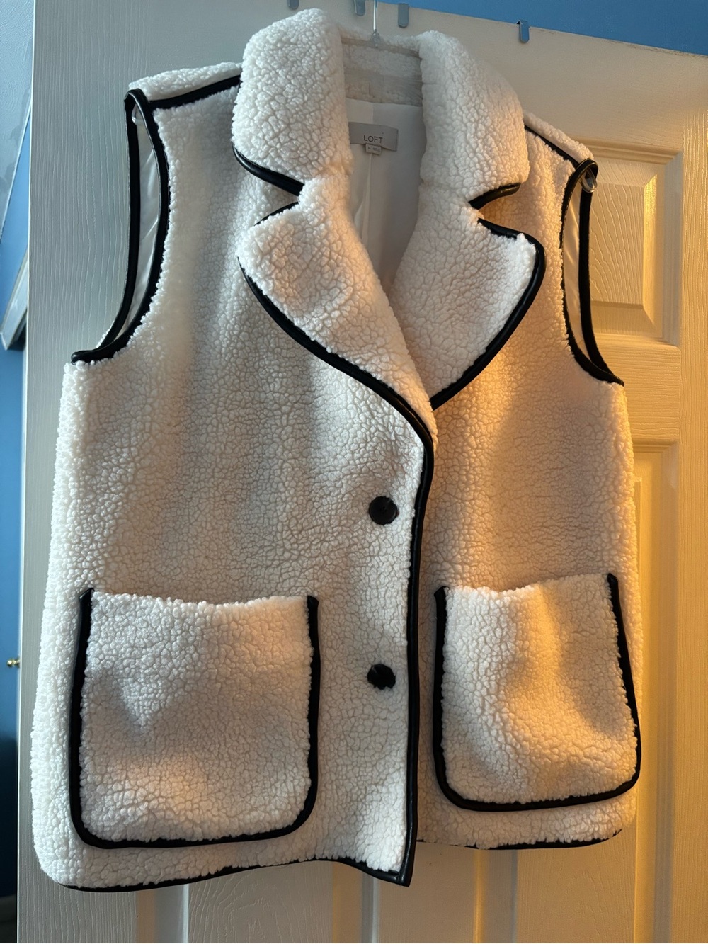 LOFT Cream Sherpa Vest with Faux Leather Black Trim and Buttons